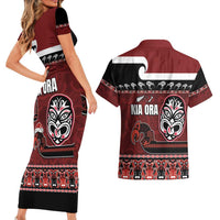 New Zealand Culture Couples Matching Short Sleeve Bodycon Dress and Hawaiian Shirt Kia Ora Aotearoa Moko Tattoo Mask with Waka and Maori Art Pattern LT03 - Polynesian Pride