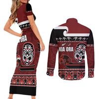 New Zealand Culture Couples Matching Short Sleeve Bodycon Dress and Long Sleeve Button Shirt Kia Ora Aotearoa Moko Tattoo Mask with Waka and Maori Art Pattern LT03 - Polynesian Pride