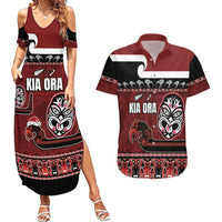 New Zealand Culture Couples Matching Summer Maxi Dress and Hawaiian Shirt Kia Ora Aotearoa Moko Tattoo Mask with Waka and Maori Art Pattern LT03 Red - Polynesian Pride