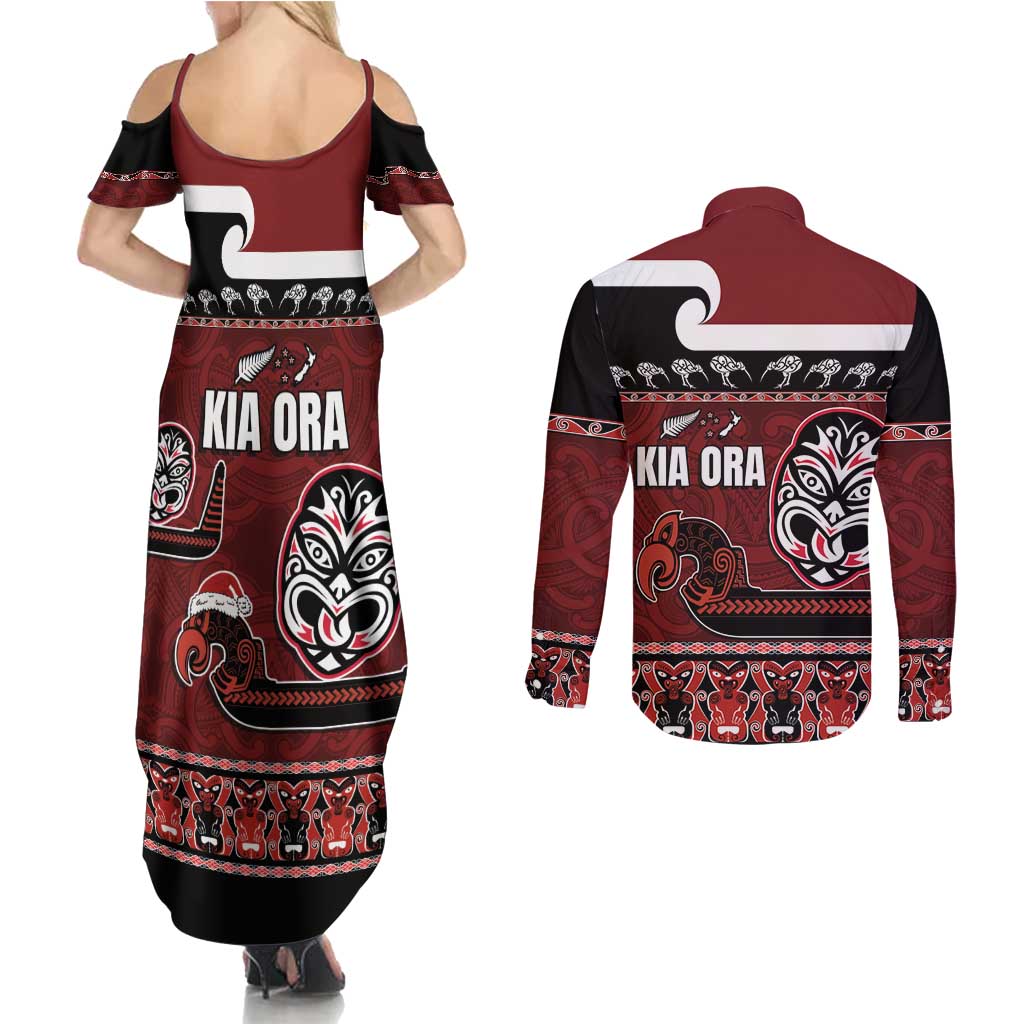 New Zealand Culture Couples Matching Summer Maxi Dress and Long Sleeve Button Shirt Kia Ora Aotearoa Moko Tattoo Mask with Waka and Maori Art Pattern LT03 - Polynesian Pride