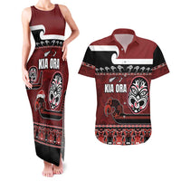 New Zealand Culture Couples Matching Tank Maxi Dress and Hawaiian Shirt Kia Ora Aotearoa Moko Tattoo Mask with Waka and Maori Art Pattern LT03 Red - Polynesian Pride