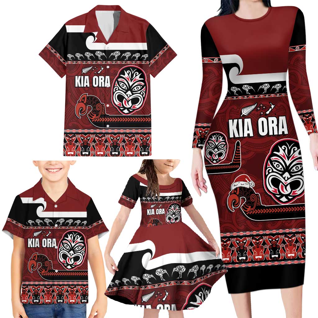 New Zealand Culture Family Matching Long Sleeve Bodycon Dress and Hawaiian Shirt Kia Ora Aotearoa Moko Tattoo Mask with Waka and Maori Art Pattern LT03 - Polynesian Pride
