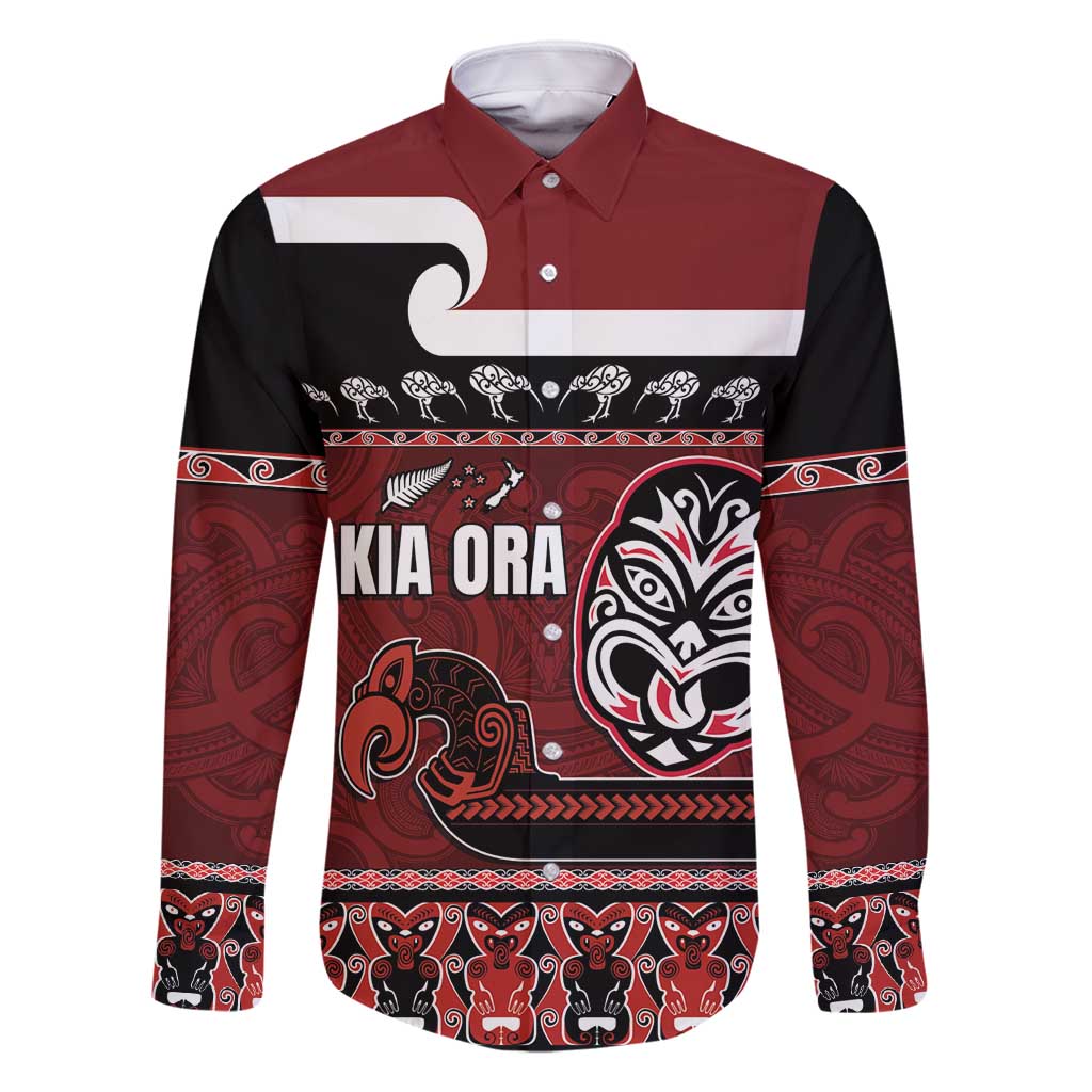New Zealand Culture Family Matching Long Sleeve Bodycon Dress and Hawaiian Shirt Kia Ora Aotearoa Moko Tattoo Mask with Waka and Maori Art Pattern LT03 Dad's Shirt - Long Sleeve Red - Polynesian Pride