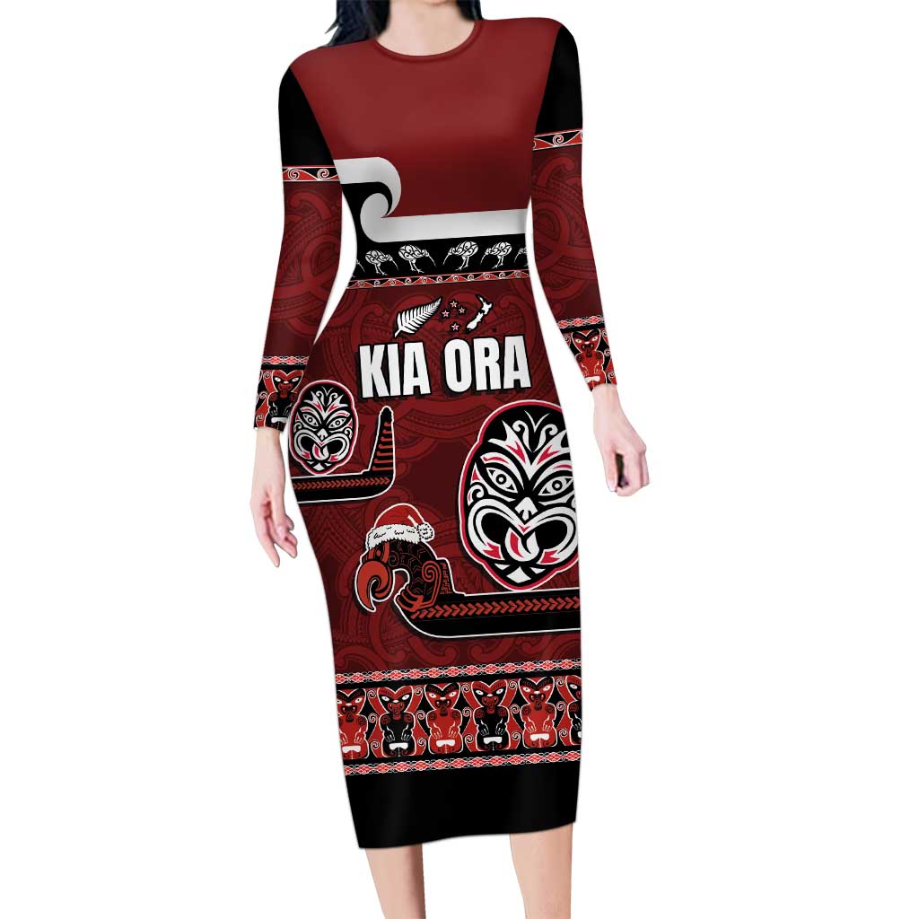 New Zealand Culture Family Matching Long Sleeve Bodycon Dress and Hawaiian Shirt Kia Ora Aotearoa Moko Tattoo Mask with Waka and Maori Art Pattern LT03 Mom's Dress Red - Polynesian Pride