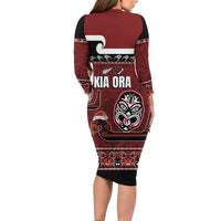 New Zealand Culture Family Matching Long Sleeve Bodycon Dress and Hawaiian Shirt Kia Ora Aotearoa Moko Tattoo Mask with Waka and Maori Art Pattern LT03 - Polynesian Pride