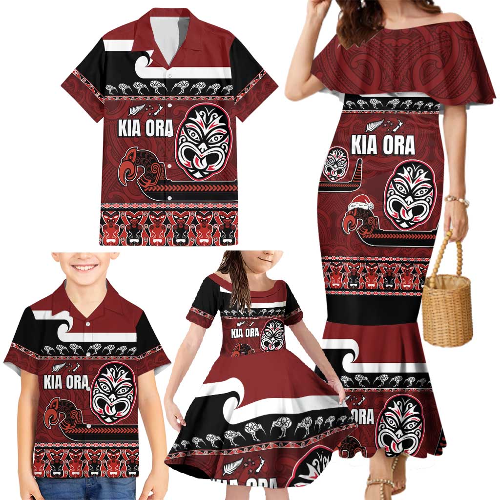 New Zealand Culture Family Matching Mermaid Dress and Hawaiian Shirt Kia Ora Aotearoa Moko Tattoo Mask with Waka and Maori Art Pattern LT03 - Polynesian Pride