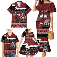 New Zealand Culture Family Matching Mermaid Dress and Hawaiian Shirt Kia Ora Aotearoa Moko Tattoo Mask with Waka and Maori Art Pattern LT03 - Polynesian Pride