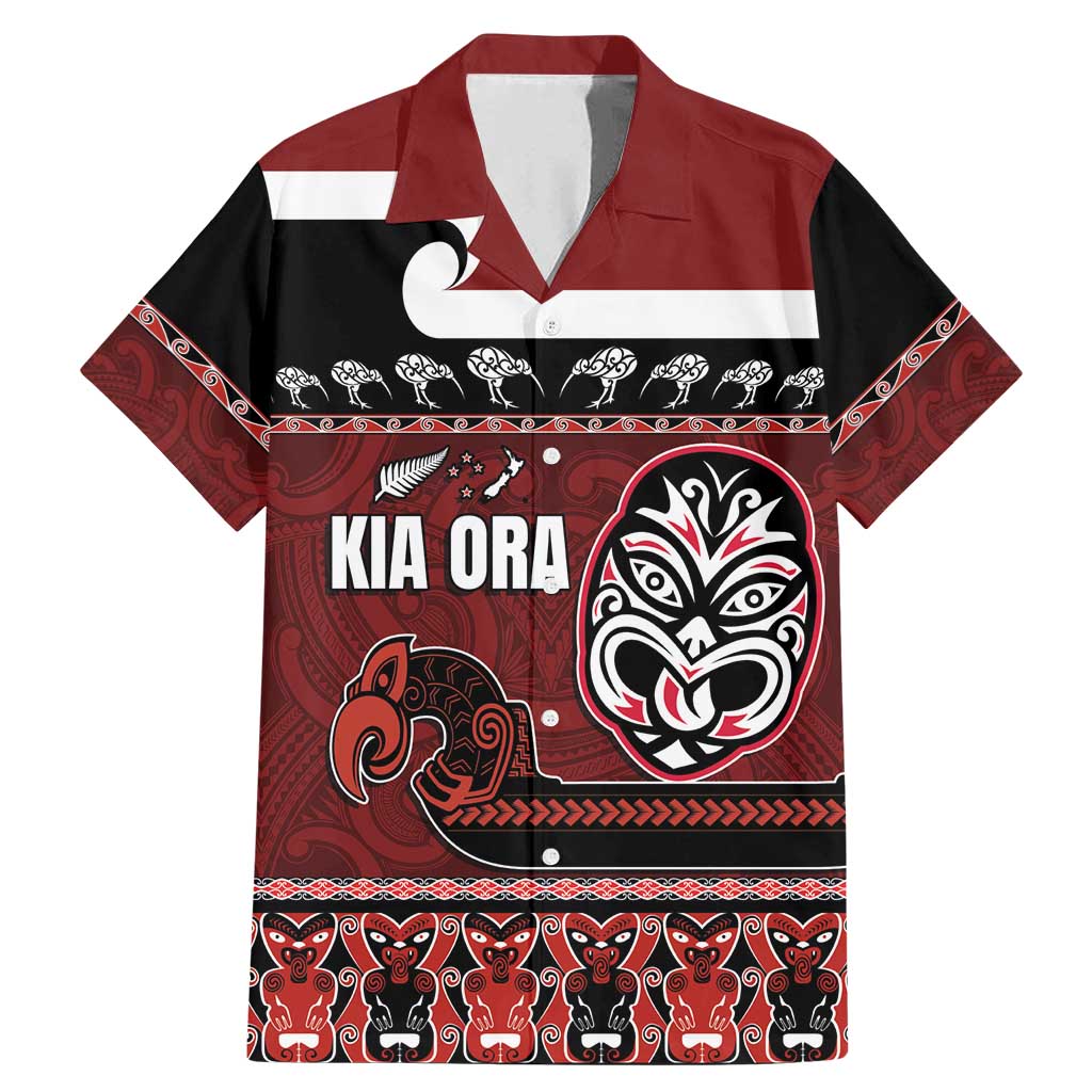 New Zealand Culture Family Matching Mermaid Dress and Hawaiian Shirt Kia Ora Aotearoa Moko Tattoo Mask with Waka and Maori Art Pattern LT03 Dad's Shirt - Short Sleeve Red - Polynesian Pride