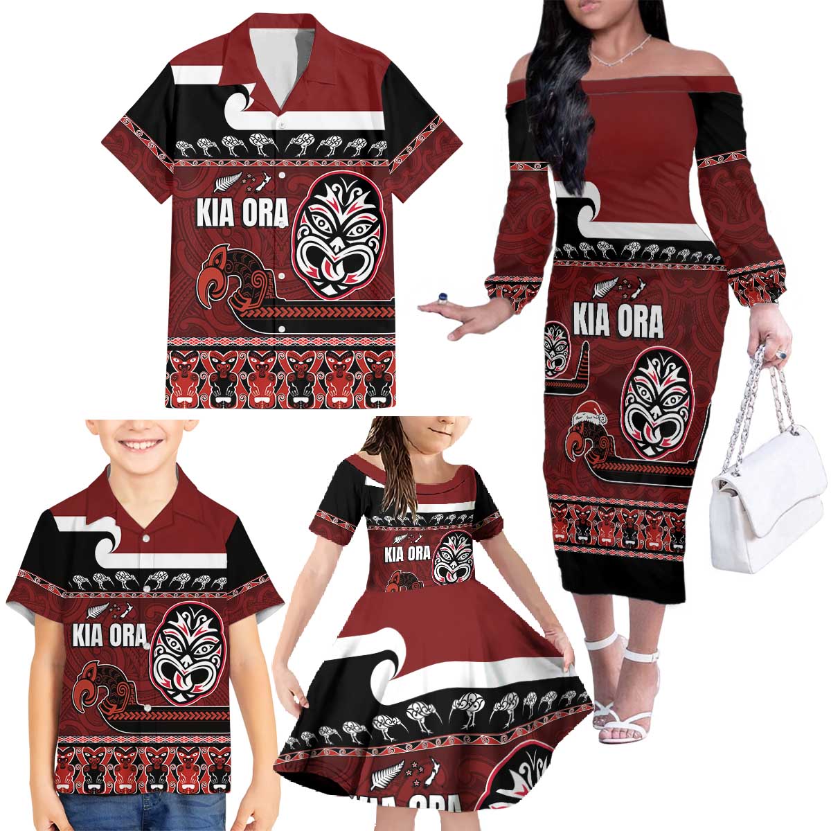 New Zealand Culture Family Matching Off The Shoulder Long Sleeve Dress and Hawaiian Shirt Kia Ora Aotearoa Moko Tattoo Mask with Waka and Maori Art Pattern LT03 - Polynesian Pride