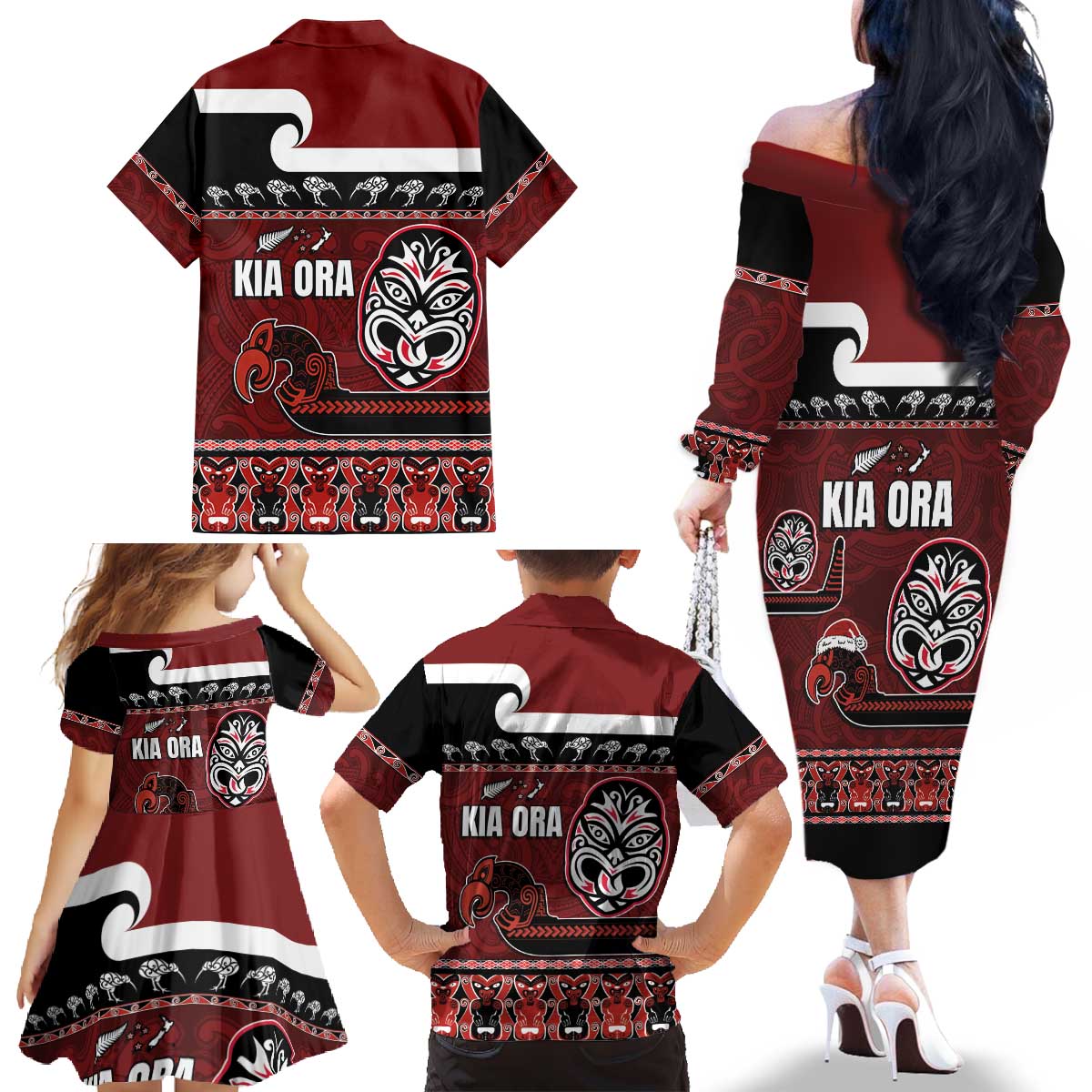 New Zealand Culture Family Matching Off The Shoulder Long Sleeve Dress and Hawaiian Shirt Kia Ora Aotearoa Moko Tattoo Mask with Waka and Maori Art Pattern LT03 - Polynesian Pride