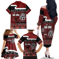 New Zealand Culture Family Matching Off The Shoulder Long Sleeve Dress and Hawaiian Shirt Kia Ora Aotearoa Moko Tattoo Mask with Waka and Maori Art Pattern LT03 - Polynesian Pride