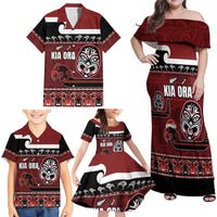 New Zealand Culture Family Matching Off Shoulder Maxi Dress and Hawaiian Shirt Kia Ora Aotearoa Moko Tattoo Mask with Waka and Maori Art Pattern LT03 - Polynesian Pride