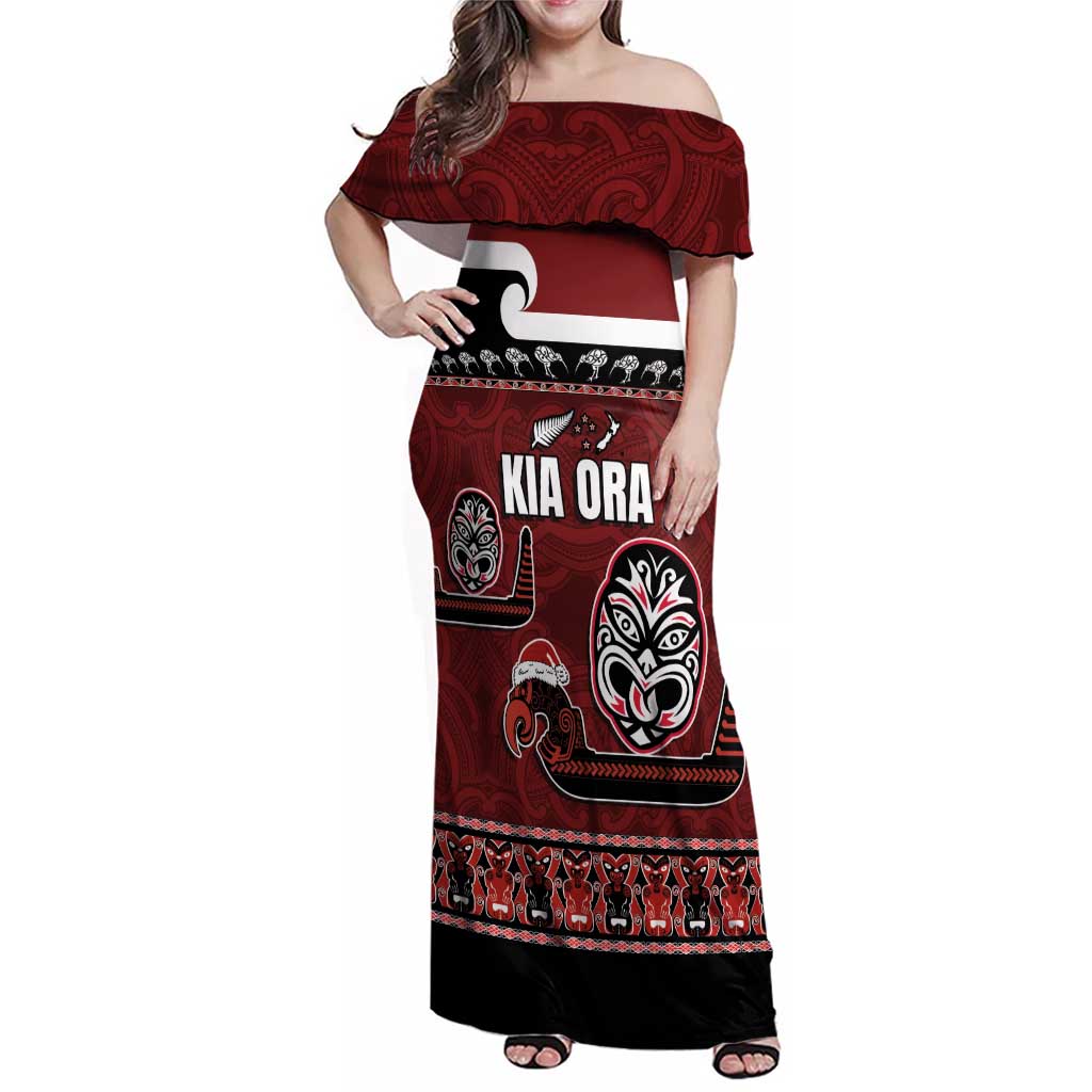 New Zealand Culture Family Matching Off Shoulder Maxi Dress and Hawaiian Shirt Kia Ora Aotearoa Moko Tattoo Mask with Waka and Maori Art Pattern LT03 Mom's Dress Red - Polynesian Pride
