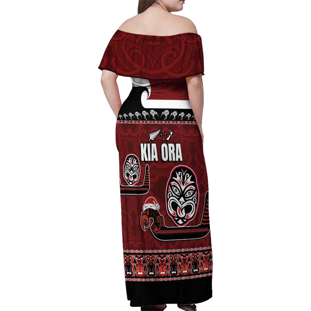 New Zealand Culture Family Matching Off Shoulder Maxi Dress and Hawaiian Shirt Kia Ora Aotearoa Moko Tattoo Mask with Waka and Maori Art Pattern LT03 - Polynesian Pride