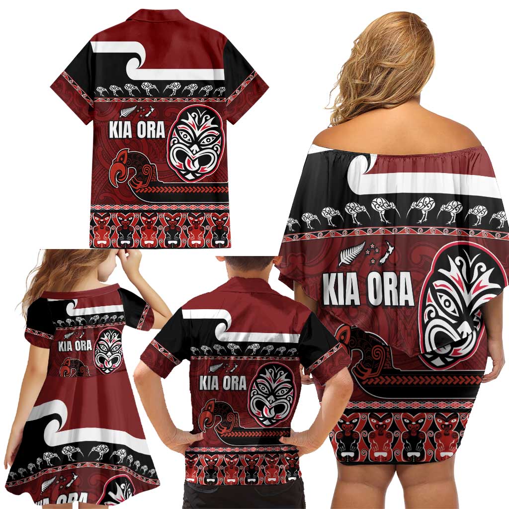 New Zealand Culture Family Matching Off Shoulder Short Dress and Hawaiian Shirt Kia Ora Aotearoa Moko Tattoo Mask with Waka and Maori Art Pattern LT03 - Polynesian Pride