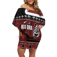 New Zealand Culture Family Matching Off Shoulder Short Dress and Hawaiian Shirt Kia Ora Aotearoa Moko Tattoo Mask with Waka and Maori Art Pattern LT03 Mom's Dress Red - Polynesian Pride