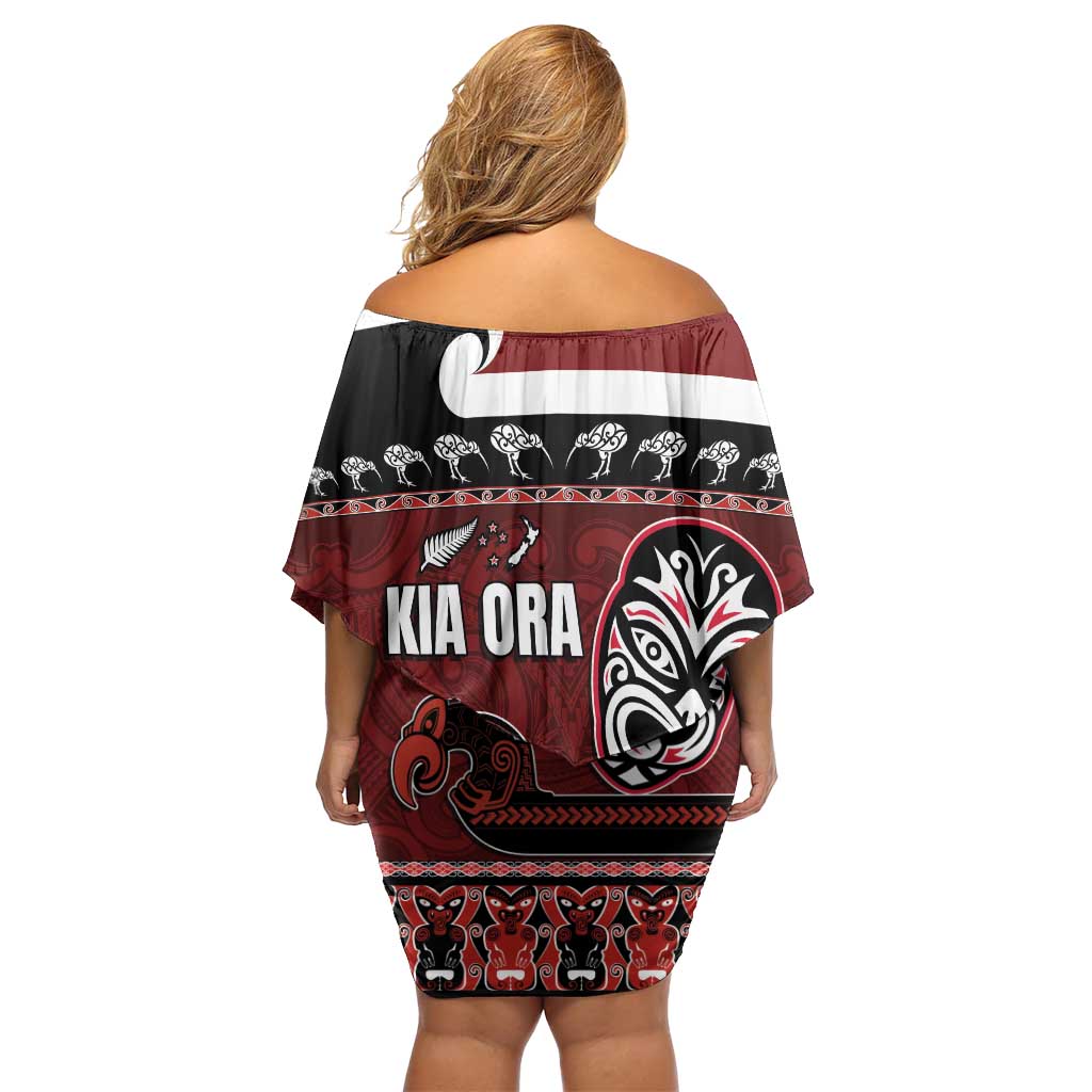 New Zealand Culture Family Matching Off Shoulder Short Dress and Hawaiian Shirt Kia Ora Aotearoa Moko Tattoo Mask with Waka and Maori Art Pattern LT03 - Polynesian Pride
