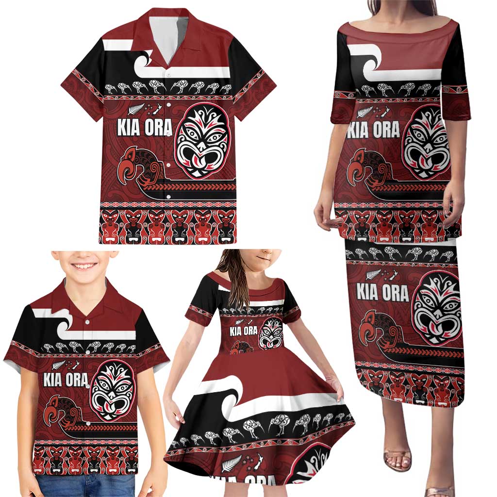 New Zealand Culture Family Matching Puletasi and Hawaiian Shirt Kia Ora Aotearoa Moko Tattoo Mask with Waka and Maori Art Pattern LT03 - Polynesian Pride