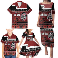 New Zealand Culture Family Matching Puletasi and Hawaiian Shirt Kia Ora Aotearoa Moko Tattoo Mask with Waka and Maori Art Pattern LT03 - Polynesian Pride
