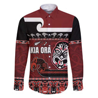 New Zealand Culture Family Matching Puletasi and Hawaiian Shirt Kia Ora Aotearoa Moko Tattoo Mask with Waka and Maori Art Pattern LT03 Dad's Shirt - Long Sleeve Red - Polynesian Pride