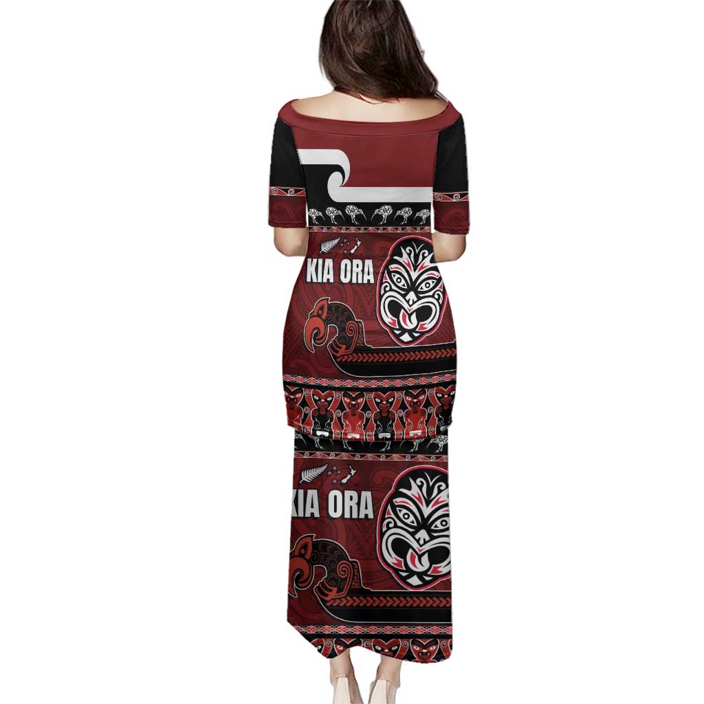 New Zealand Culture Family Matching Puletasi and Hawaiian Shirt Kia Ora Aotearoa Moko Tattoo Mask with Waka and Maori Art Pattern LT03 - Polynesian Pride