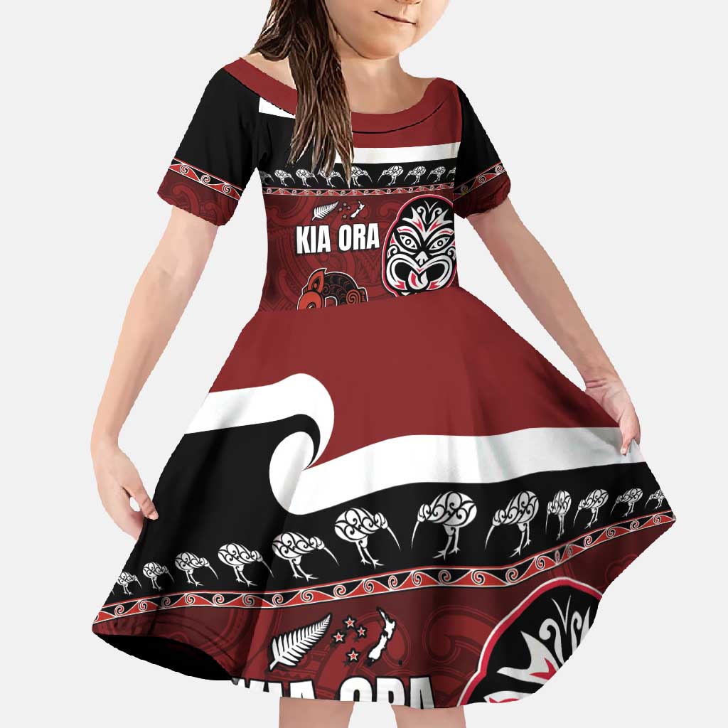 New Zealand Culture Family Matching Short Sleeve Bodycon Dress and Hawaiian Shirt Kia Ora Aotearoa Moko Tattoo Mask with Waka and Maori Art Pattern LT03 Daughter's Dress Red - Polynesian Pride
