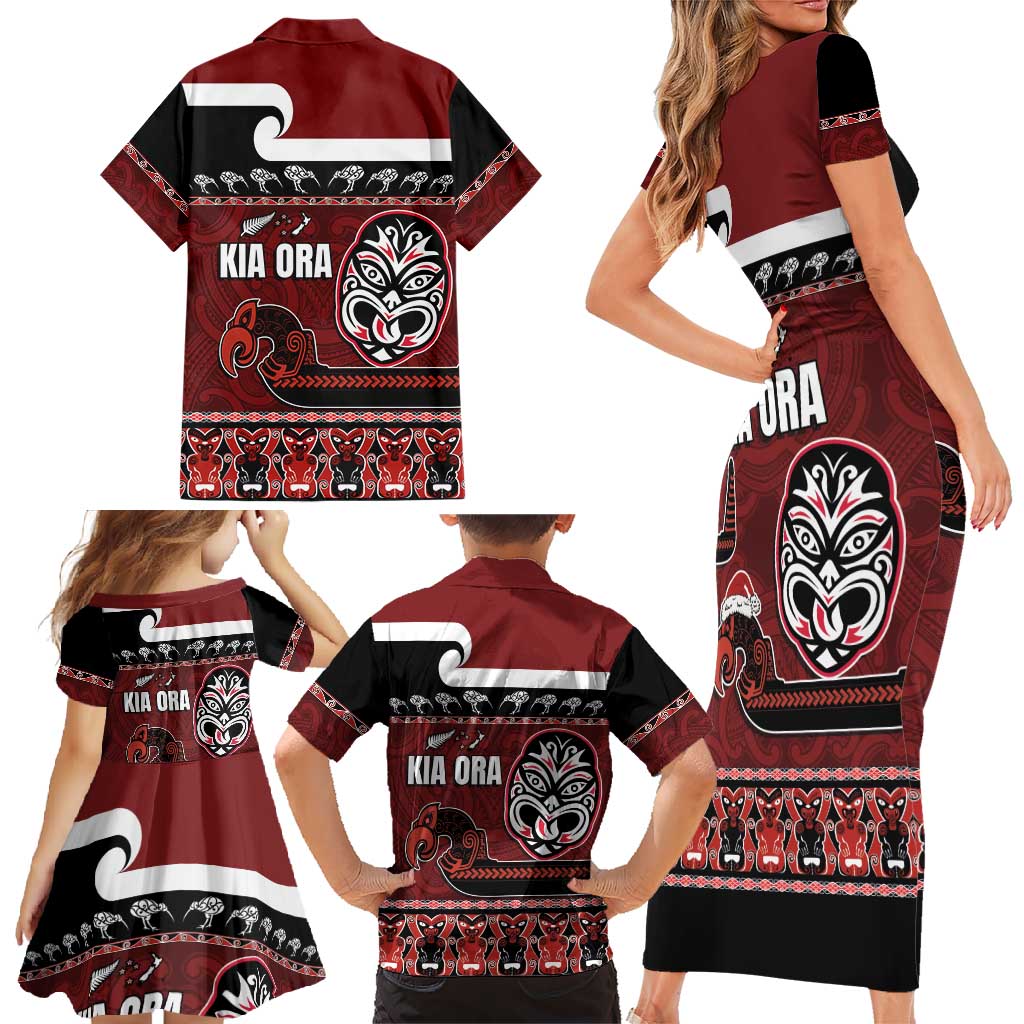 New Zealand Culture Family Matching Short Sleeve Bodycon Dress and Hawaiian Shirt Kia Ora Aotearoa Moko Tattoo Mask with Waka and Maori Art Pattern LT03 - Polynesian Pride