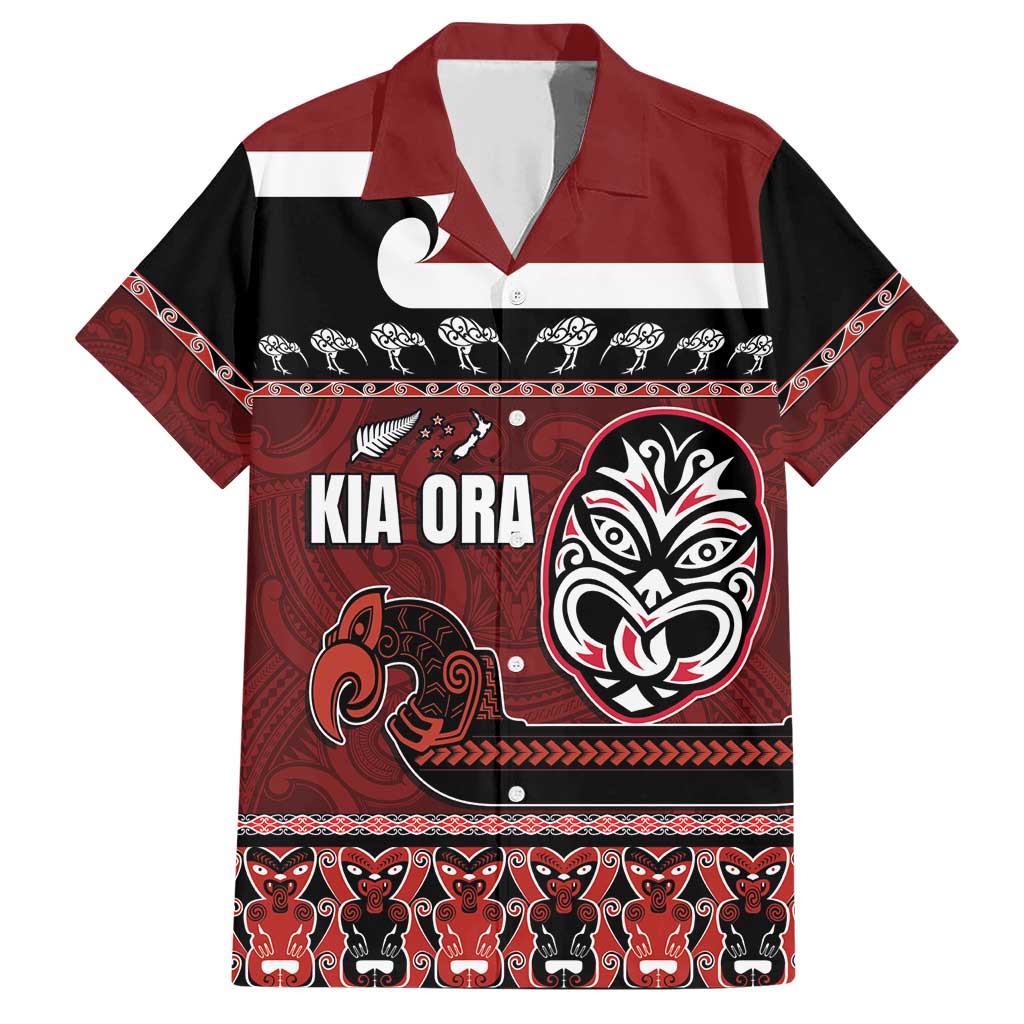 New Zealand Culture Family Matching Short Sleeve Bodycon Dress and Hawaiian Shirt Kia Ora Aotearoa Moko Tattoo Mask with Waka and Maori Art Pattern LT03 Dad's Shirt - Short Sleeve Red - Polynesian Pride