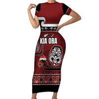 New Zealand Culture Family Matching Short Sleeve Bodycon Dress and Hawaiian Shirt Kia Ora Aotearoa Moko Tattoo Mask with Waka and Maori Art Pattern LT03 Mom's Dress Red - Polynesian Pride