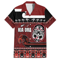 New Zealand Culture Family Matching Tank Maxi Dress and Hawaiian Shirt Kia Ora Aotearoa Moko Tattoo Mask with Waka and Maori Art Pattern LT03 Dad's Shirt - Short Sleeve Red - Polynesian Pride