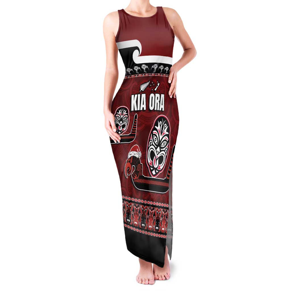 New Zealand Culture Family Matching Tank Maxi Dress and Hawaiian Shirt Kia Ora Aotearoa Moko Tattoo Mask with Waka and Maori Art Pattern LT03 Mom's Dress Red - Polynesian Pride