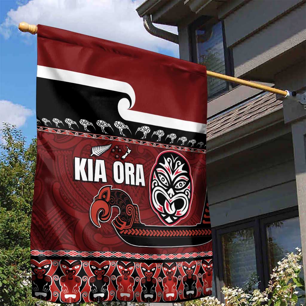 New Zealand Culture Garden Flag Kia Ora Aotearoa Moko Tattoo Mask with Waka and Maori Art Pattern LT03 - Polynesian Pride