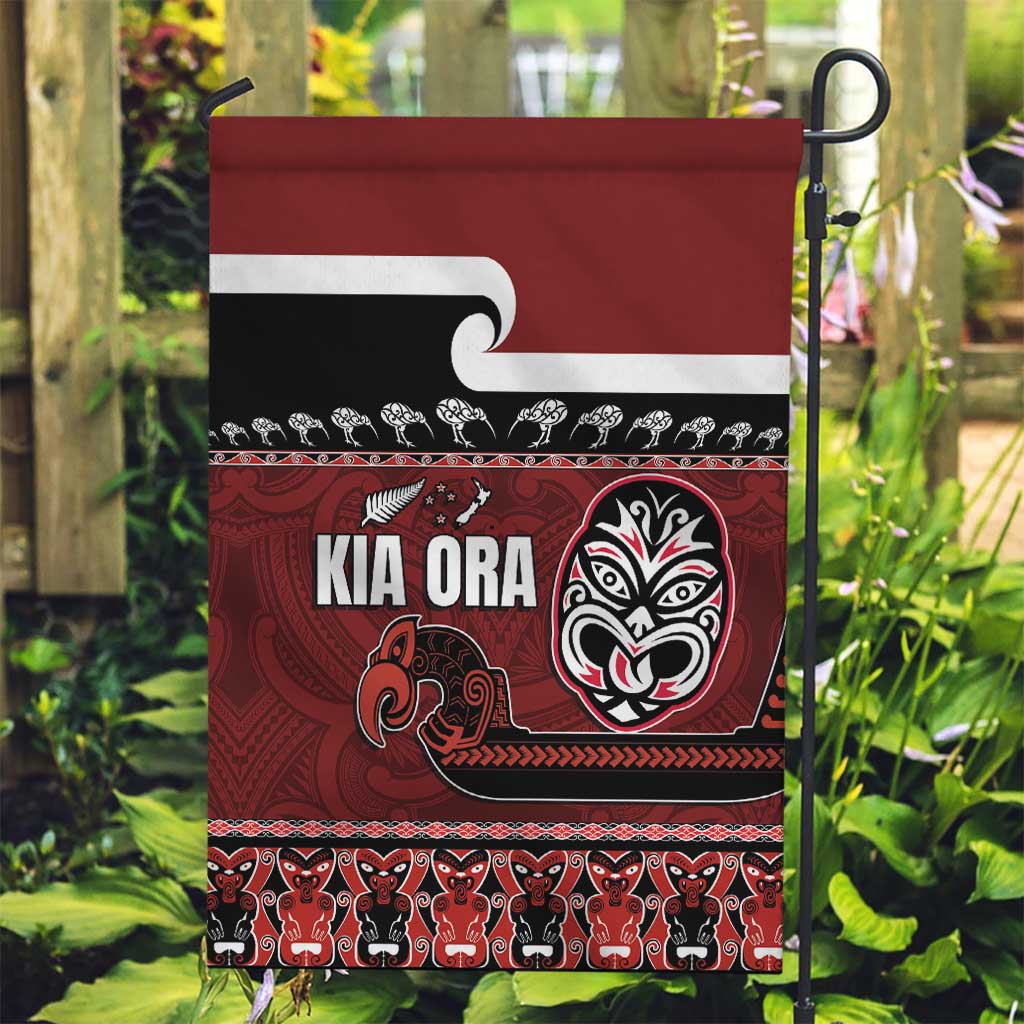 New Zealand Culture Garden Flag Kia Ora Aotearoa Moko Tattoo Mask with Waka and Maori Art Pattern LT03 Garden Flag Red - Polynesian Pride