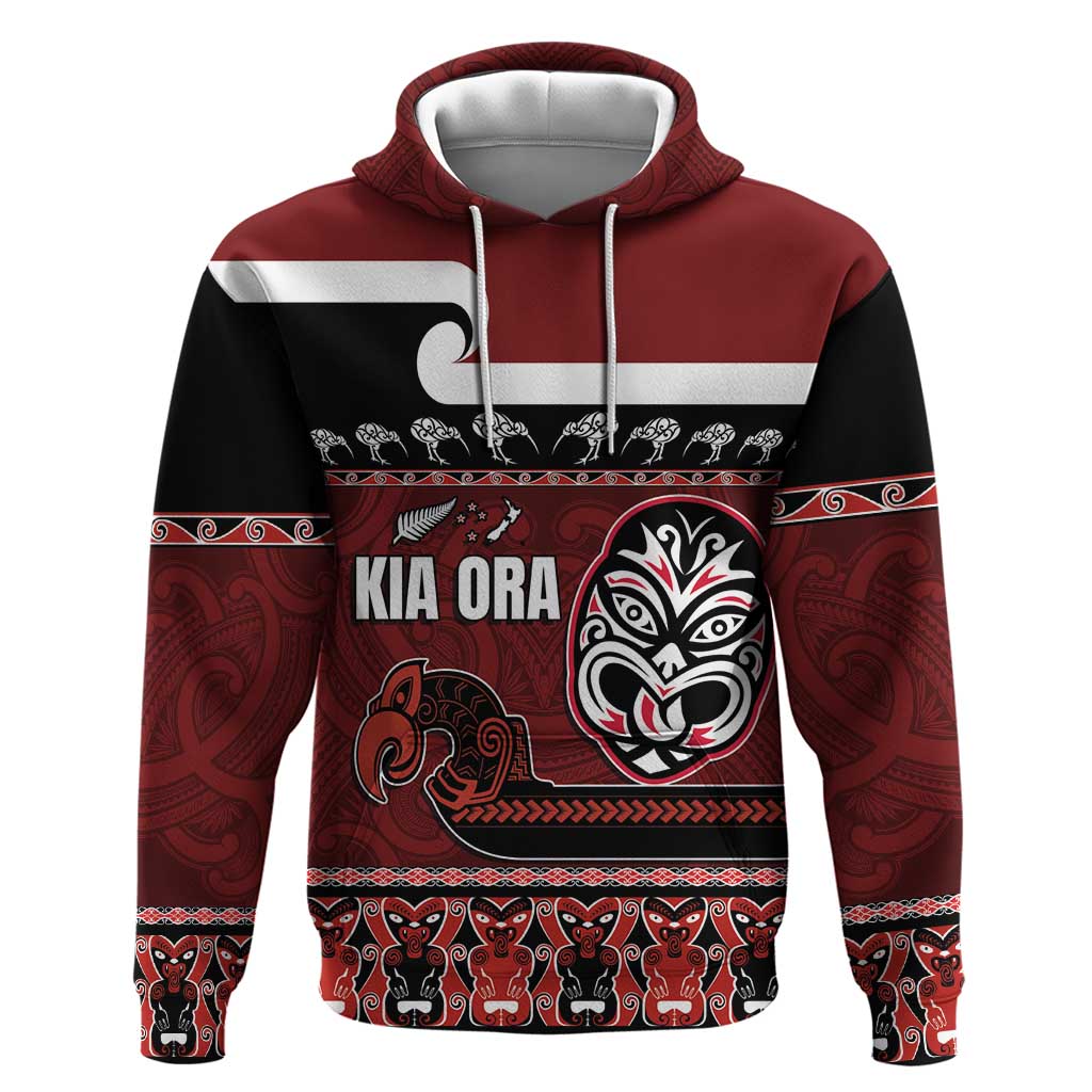 New Zealand Culture Hoodie Kia Ora Aotearoa Moko Tattoo Mask with Waka and Maori Art Pattern LT03 Pullover Hoodie Red - Polynesian Pride