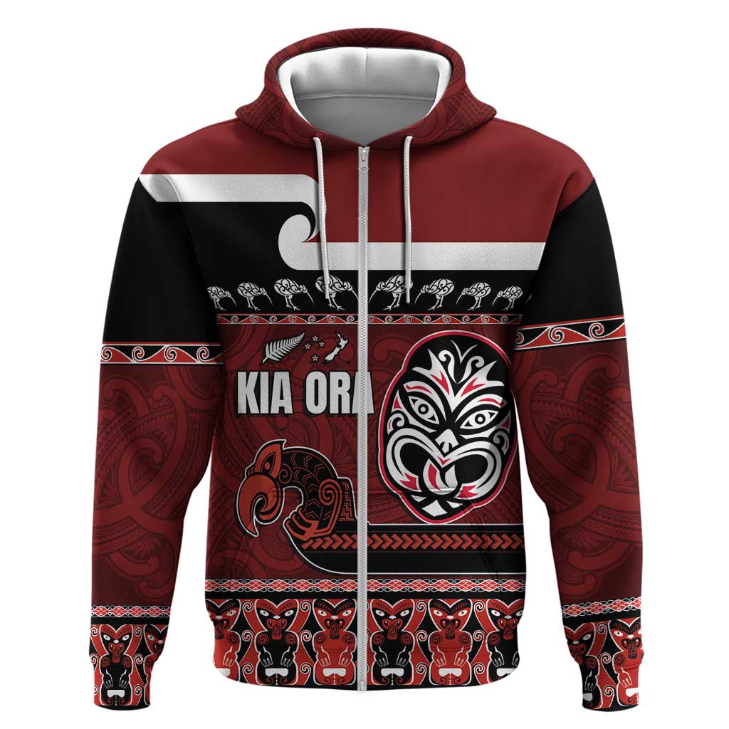 New Zealand Culture Hoodie Kia Ora Aotearoa Moko Tattoo Mask with Waka and Maori Art Pattern LT03 Zip Hoodie Red - Polynesian Pride