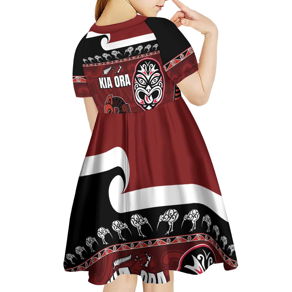 New Zealand Culture Kid Short Sleeve Dress Kia Ora Aotearoa Moko Tattoo Mask with Waka and Maori Art Pattern LT03 - Polynesian Pride