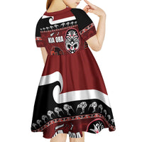 New Zealand Culture Kid Short Sleeve Dress Kia Ora Aotearoa Moko Tattoo Mask with Waka and Maori Art Pattern LT03 - Polynesian Pride