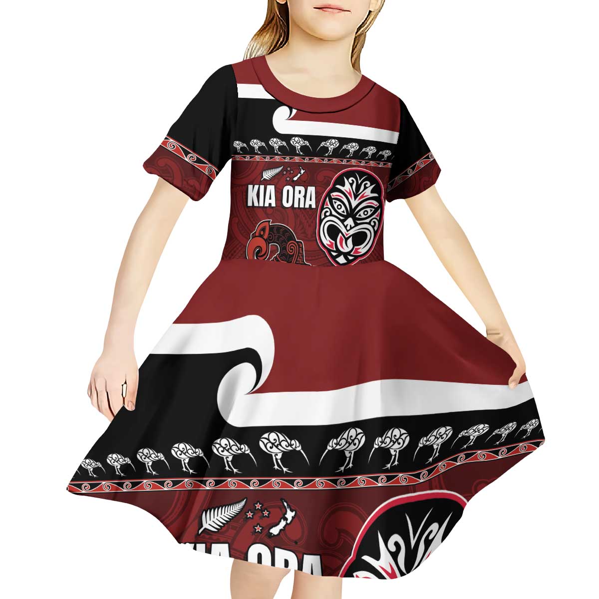 New Zealand Culture Kid Short Sleeve Dress Kia Ora Aotearoa Moko Tattoo Mask with Waka and Maori Art Pattern LT03 - Polynesian Pride