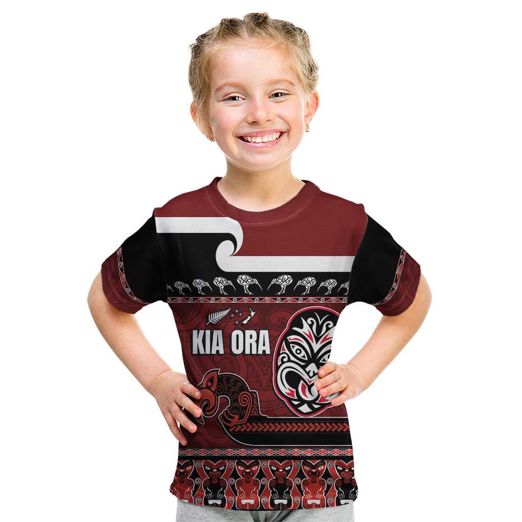 New Zealand Culture Kid T Shirt Kia Ora Aotearoa Moko Tattoo Mask with Waka and Maori Art Pattern LT03 Red - Polynesian Pride