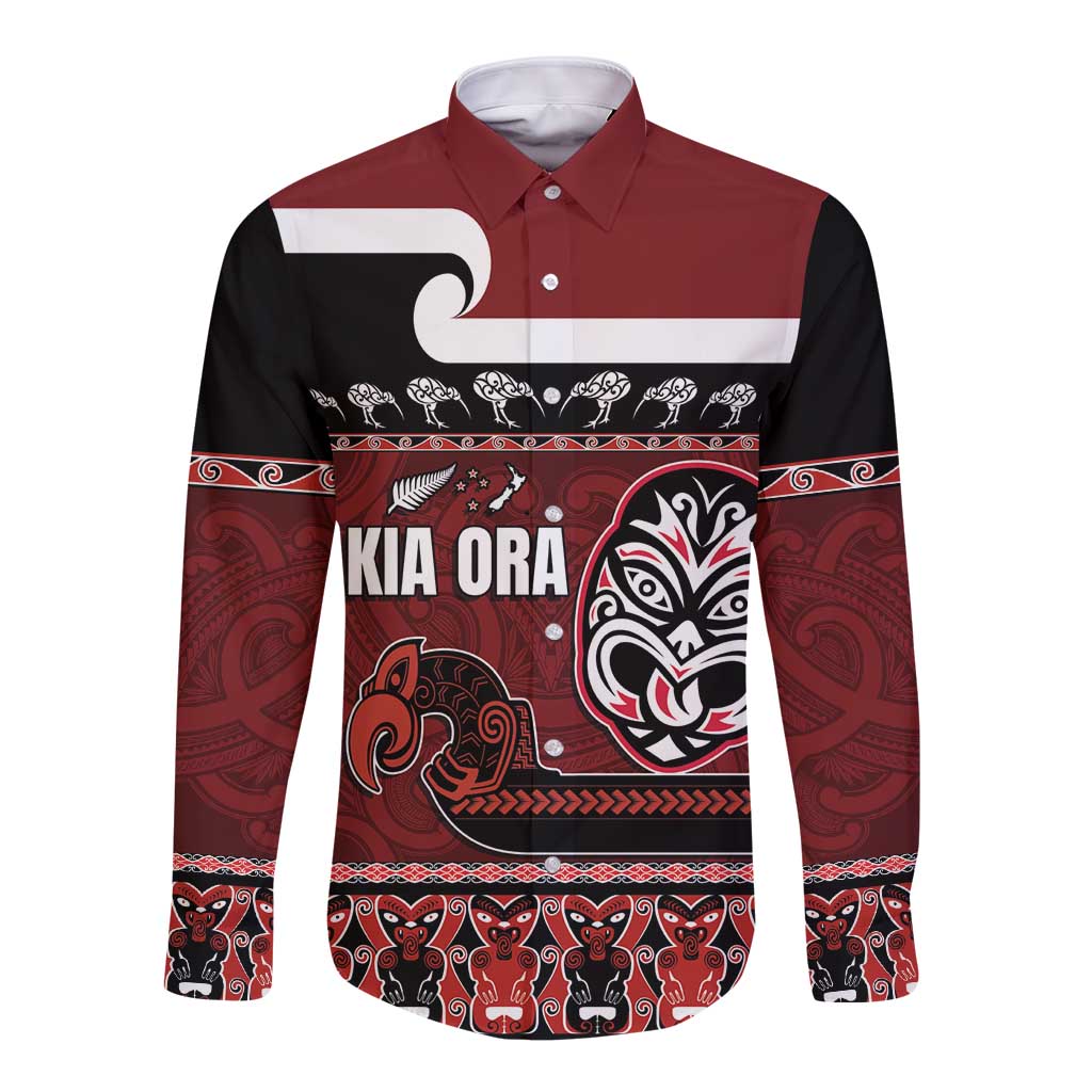 New Zealand Culture Long Sleeve Button Shirt Kia Ora Aotearoa Moko Tattoo Mask with Waka and Maori Art Pattern LT03 Unisex Red - Polynesian Pride