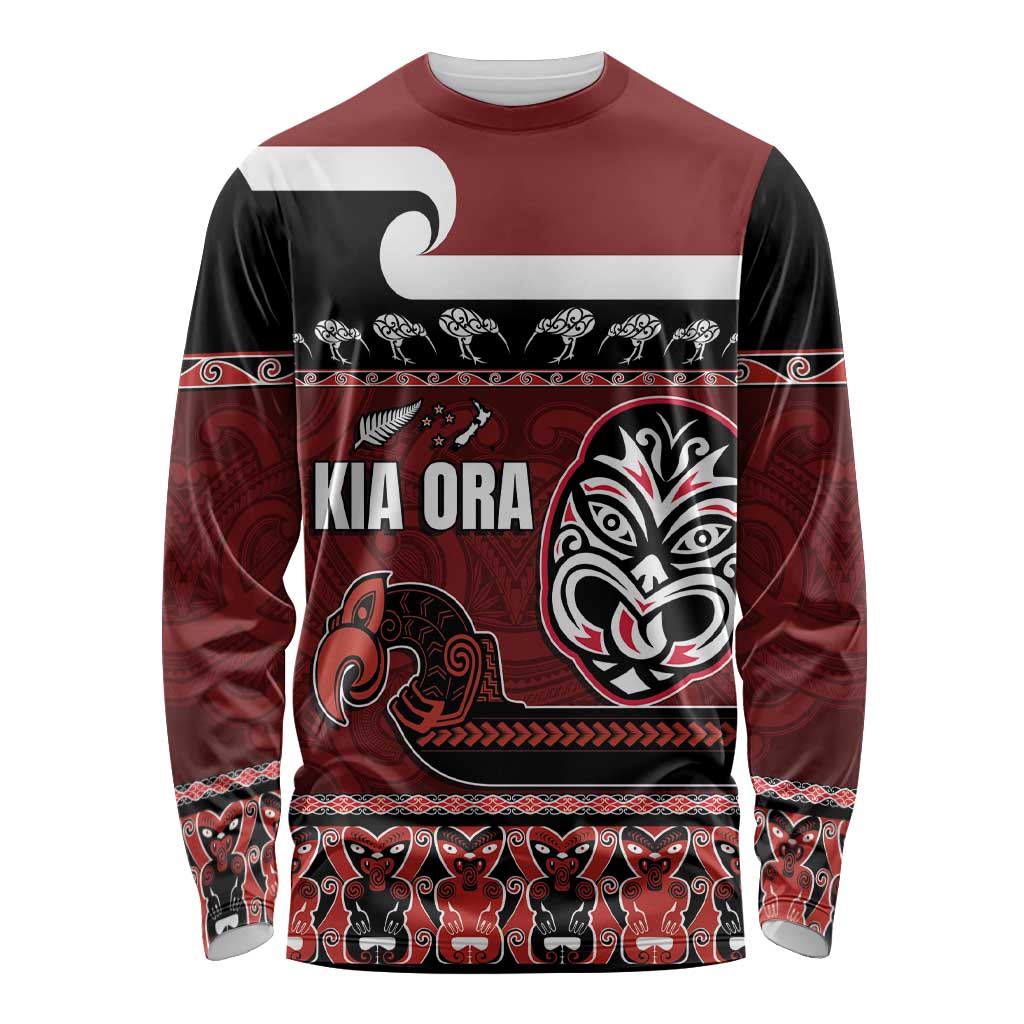 New Zealand Culture Long Sleeve Shirt Kia Ora Aotearoa Moko Tattoo Mask with Waka and Maori Art Pattern LT03 Unisex Red - Polynesian Pride