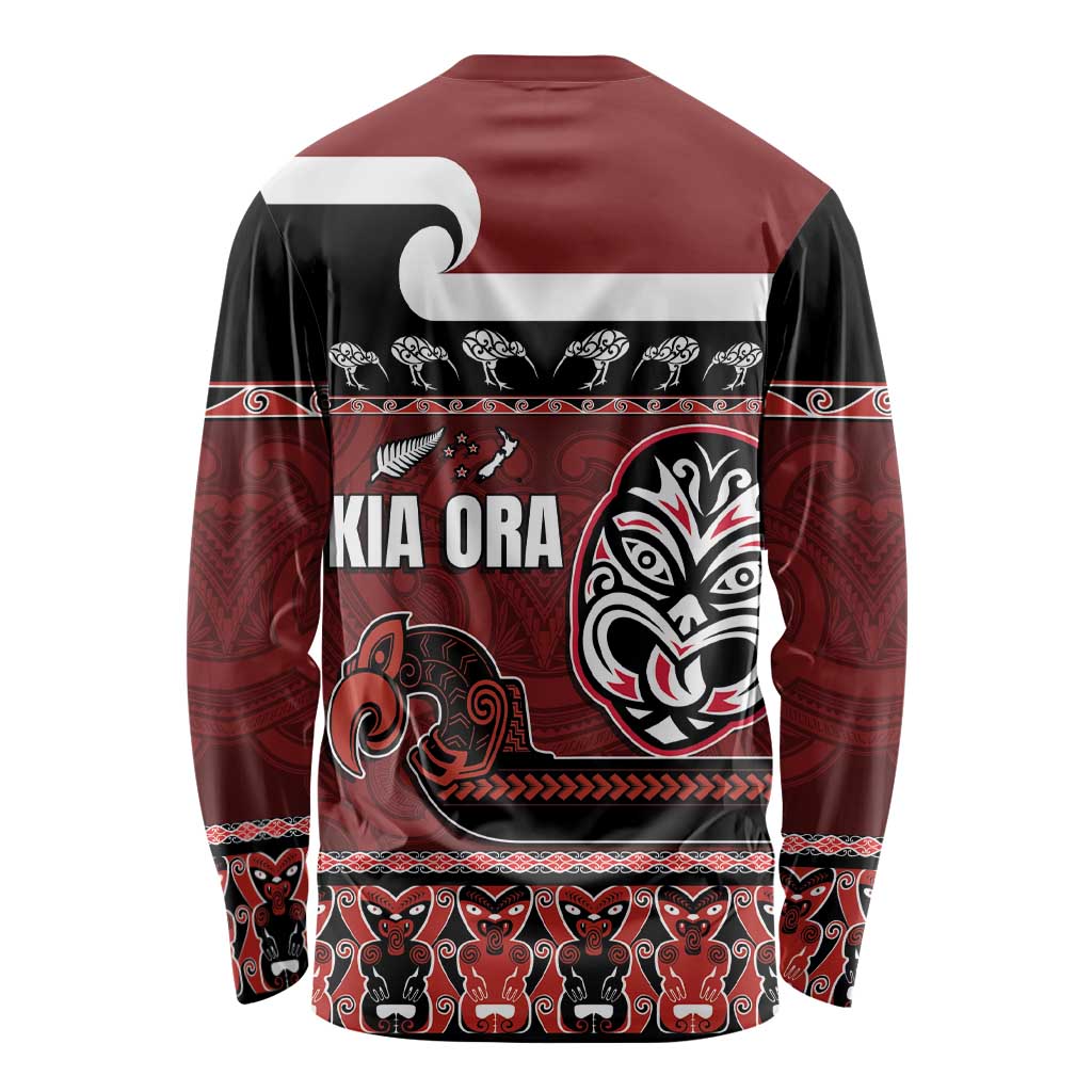 New Zealand Culture Long Sleeve Shirt Kia Ora Aotearoa Moko Tattoo Mask with Waka and Maori Art Pattern LT03 - Polynesian Pride
