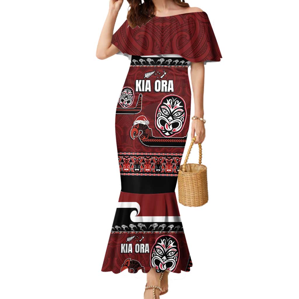 New Zealand Culture Mermaid Dress Kia Ora Aotearoa Moko Tattoo Mask with Waka and Maori Art Pattern LT03 Women Red - Polynesian Pride