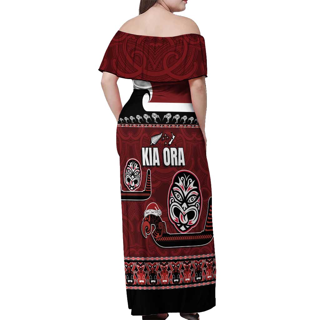 New Zealand Culture Off Shoulder Maxi Dress Kia Ora Aotearoa Moko Tattoo Mask with Waka and Maori Art Pattern LT03 - Polynesian Pride