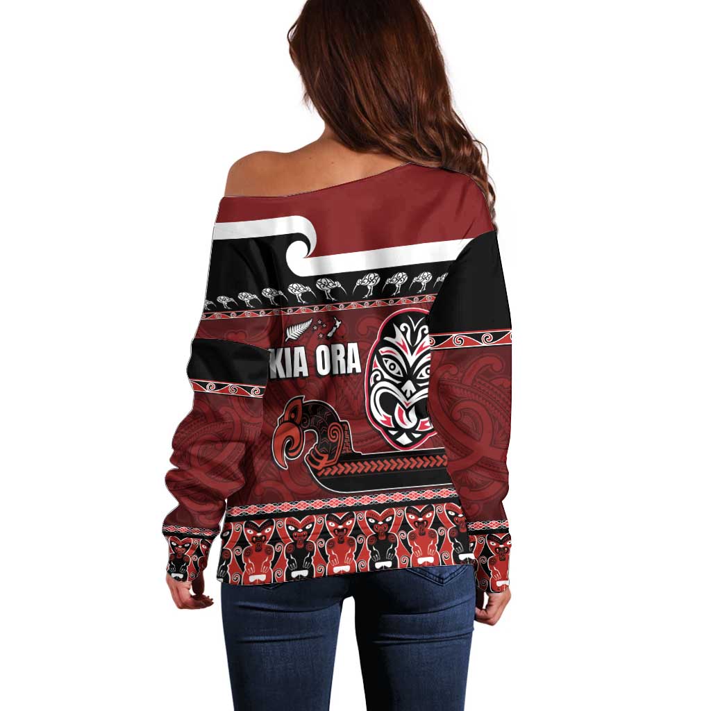 New Zealand Culture Off Shoulder Sweater Kia Ora Aotearoa Moko Tattoo Mask with Waka and Maori Art Pattern LT03 - Polynesian Pride