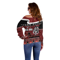 New Zealand Culture Off Shoulder Sweater Kia Ora Aotearoa Moko Tattoo Mask with Waka and Maori Art Pattern LT03 - Polynesian Pride