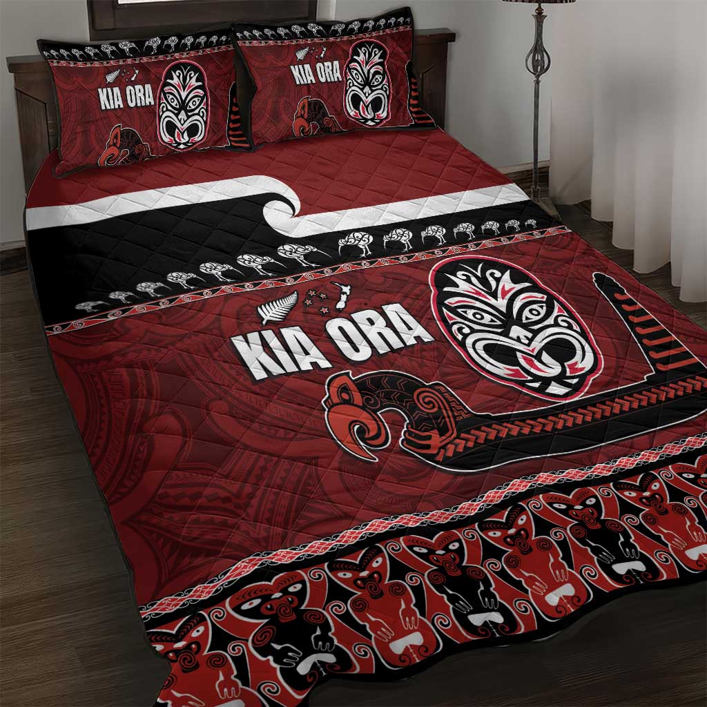 New Zealand Culture Quilt Bed Set Kia Ora Aotearoa Moko Tattoo Mask with Waka and Maori Art Pattern LT03 Red - Polynesian Pride