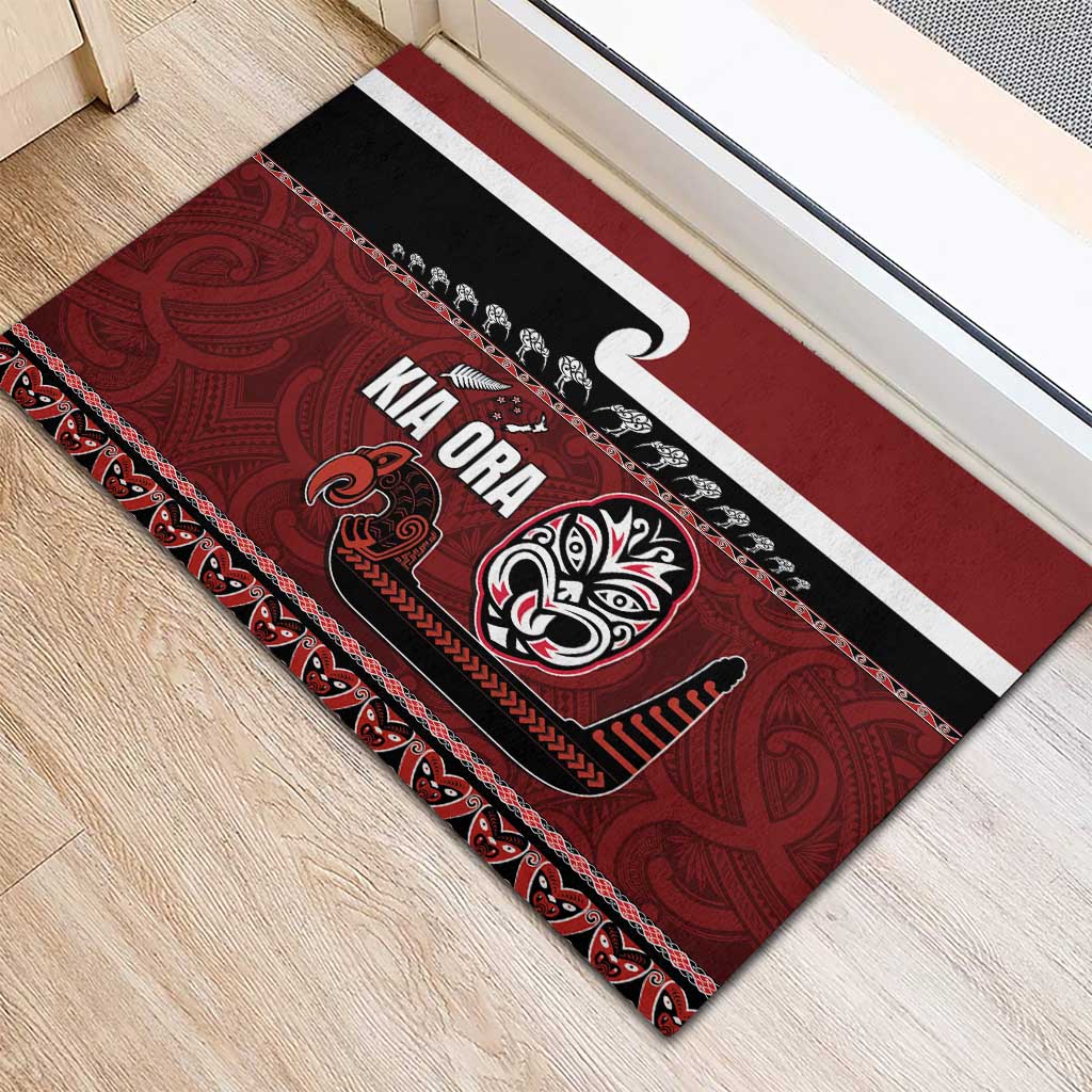 New Zealand Culture Rubber Doormat Kia Ora Aotearoa Moko Tattoo Mask with Waka and Maori Art Pattern