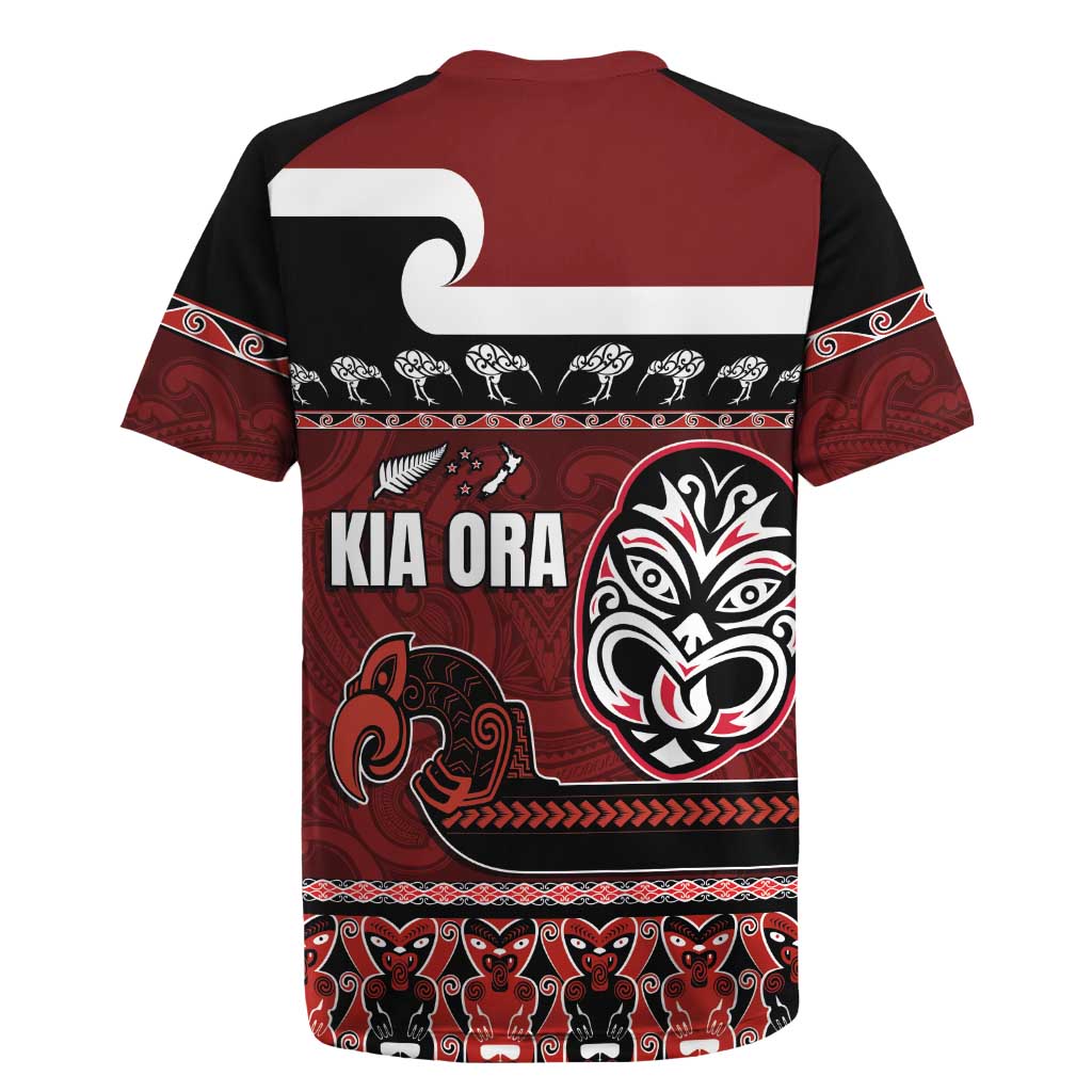New Zealand Culture Rugby Jersey Kia Ora Aotearoa Moko Tattoo Mask with Waka and Maori Art Pattern LT03 - Polynesian Pride