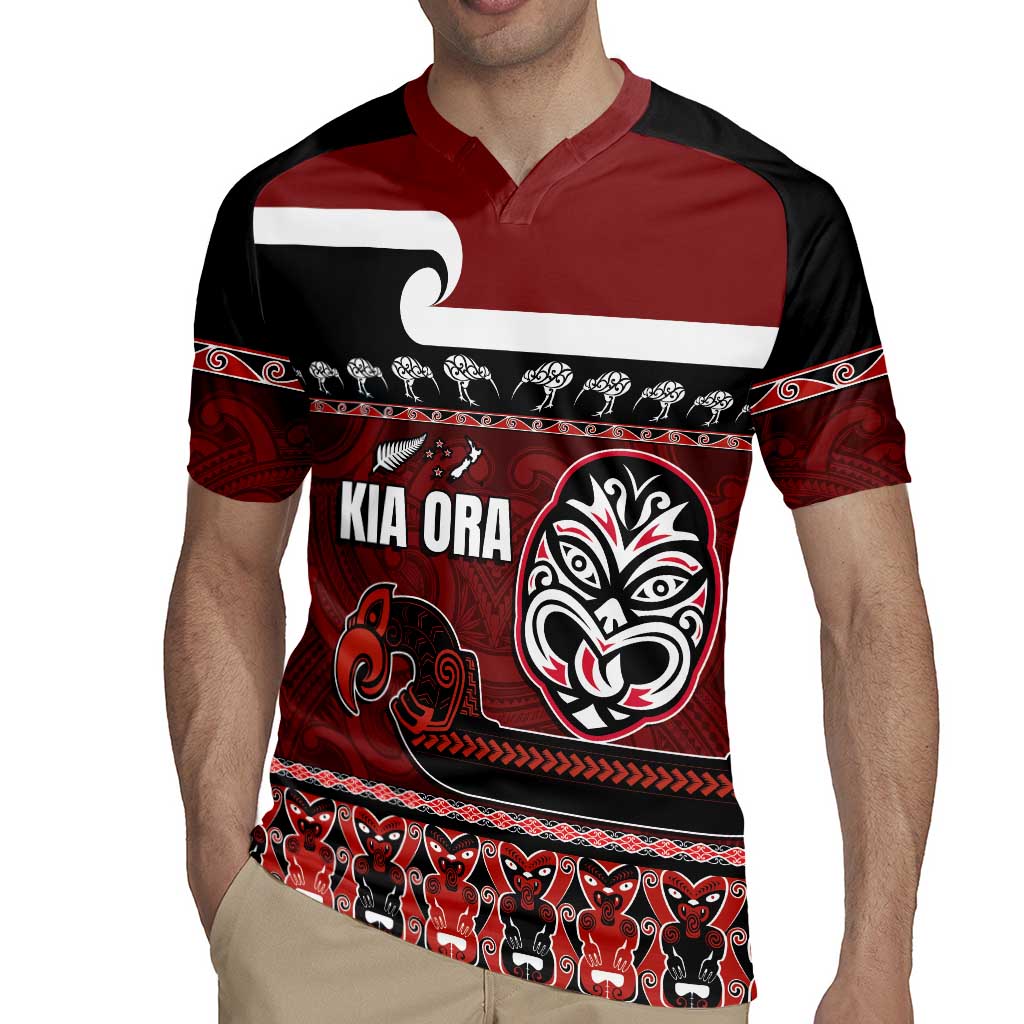 New Zealand Culture Rugby Jersey Kia Ora Aotearoa Moko Tattoo Mask with Waka and Maori Art Pattern LT03 - Polynesian Pride